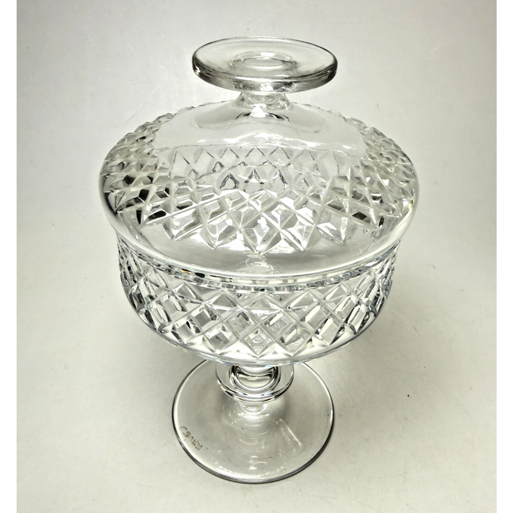 Irish Cavan Crystal Signed Footed Candy Dish w/ Lid Criss Cross Pattern Ireland - Picture 2 of 9